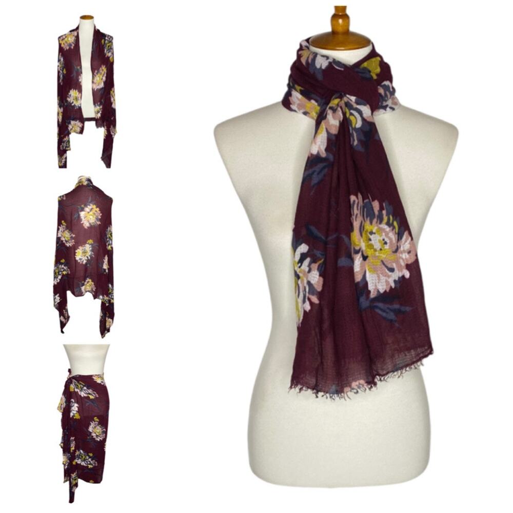Ann Taylor Scarf Purple Floral Fringed Lightweight Wrap Shawl Cottagecore Boho